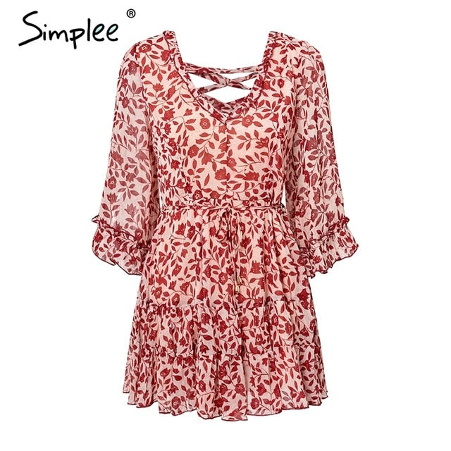 Simplee Vintage boho ruffled mini dress women Flare sleeve lace up summer dress Elegant back criss cross sexy dress vestidos