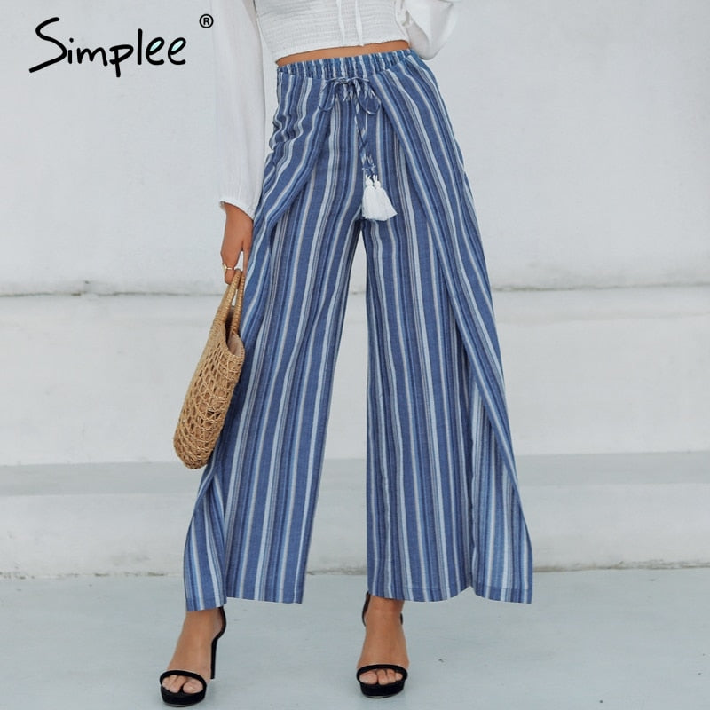 Simplee Casual striped women long pants capris High waist sashes tassel pleated cotton linen pants Boho trousers female 2019