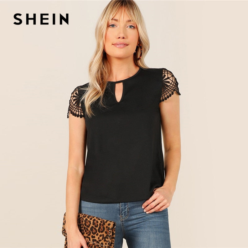 SHEIN Black Keyhole Neck Guipure Lace Cut Out Short Sleeve Top T Shirt Women Summer Round Neck Solid Office Lady Casual T-shirts
