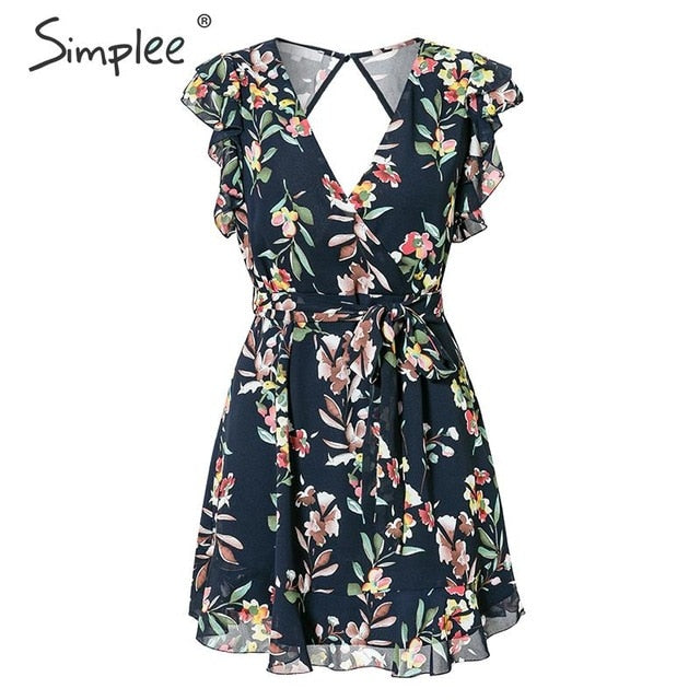 Simplee Sexy deep v-neck women dress Ruffled sleeveless floral print female summer dress Elegant sashes casual ladies mini dress