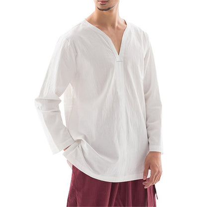 V Neck Cotton Long Sleeve T-Shirt Men Comfortable Man's T shirt Casual Chinese Style Tee Tops Plus Size 2019 Mens Clothes