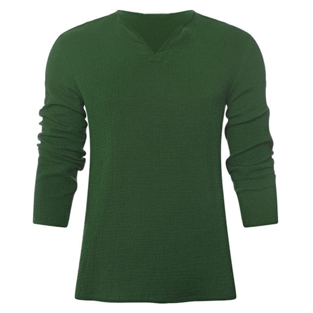V Neck Cotton Long Sleeve T-Shirt Men Comfortable Man's T shirt Casual Chinese Style Tee Tops Plus Size 2019 Mens Clothes