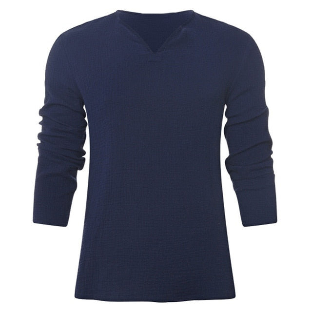V Neck Cotton Long Sleeve T-Shirt Men Comfortable Man's T shirt Casual Chinese Style Tee Tops Plus Size 2019 Mens Clothes