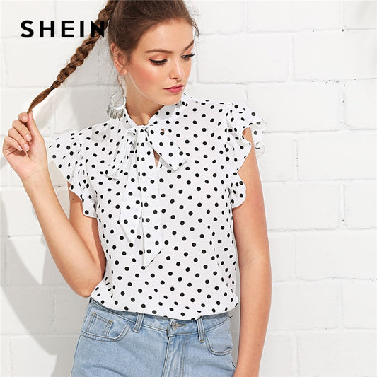 SHEIN Black and White Elegant Tie Neck Flounce Shoulder Tied Neck Floral Ruffle Blouse Summer Women Weekend Casual Shirt Top