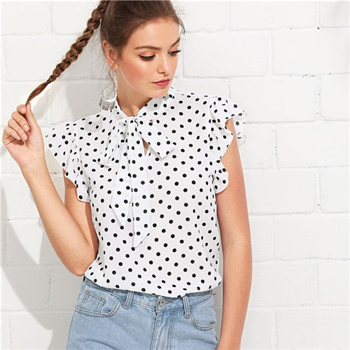 SHEIN Black and White Elegant Tie Neck Flounce Shoulder Tied Neck Floral Ruffle Blouse Summer Women Weekend Casual Shirt Top