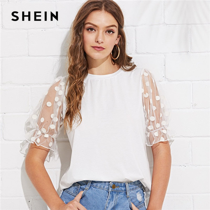 SHEIN White Minimalist Workwear Office Lady Polka Dot Mesh Flounce Sleeve Ruffle Cuff O-Neck Tee Summer Women Casual T-shirt Top