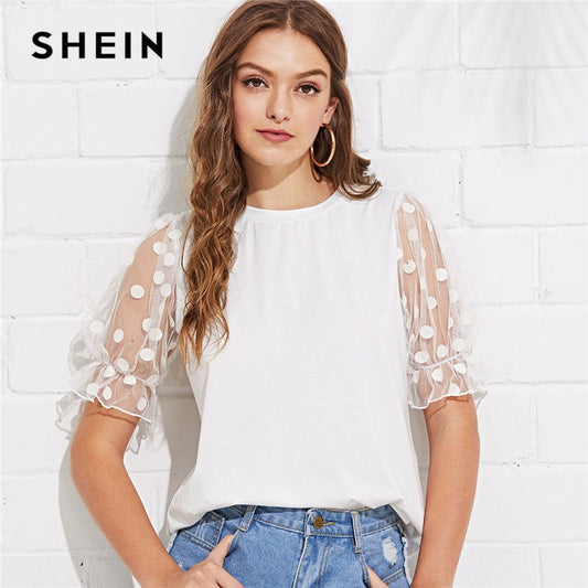 SHEIN White Minimalist Workwear Office Lady Polka Dot Mesh Flounce Sleeve Ruffle Cuff O-Neck Tee Summer Women Casual T-shirt Top