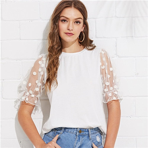 SHEIN White Minimalist Workwear Office Lady Polka Dot Mesh Flounce Sleeve Ruffle Cuff O-Neck Tee Summer Women Casual T-shirt Top