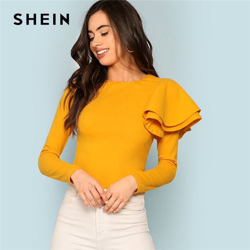 SHEIN Ginger Zip Back Ruffle One Sleeve Tee Elegant Solid  Slim Fit Long Sleeve T-shirt Top Women Modern Lady Autumn Tee Tops