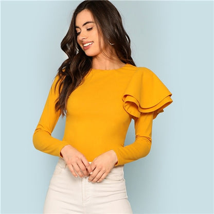 SHEIN Ginger Zip Back Ruffle One Sleeve Tee Elegant Solid  Slim Fit Long Sleeve T-shirt Top Women Modern Lady Autumn Tee Tops