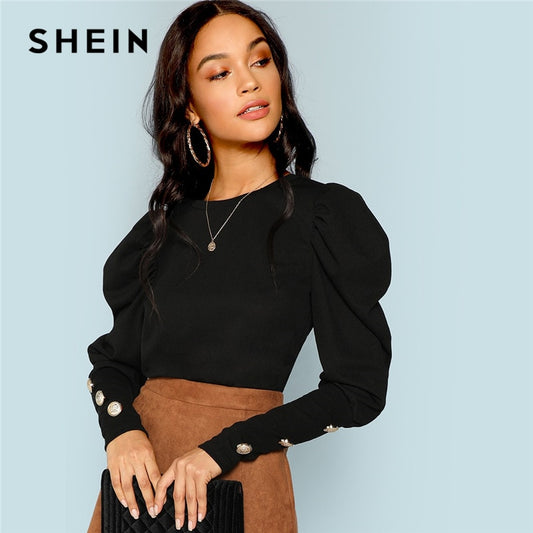 SHEIN Black Elegant Office Lady Puff Sleeve With Button Detail Long Sleeve Solid Tee 2018 Autumn Workwear Women Tops And T shirt