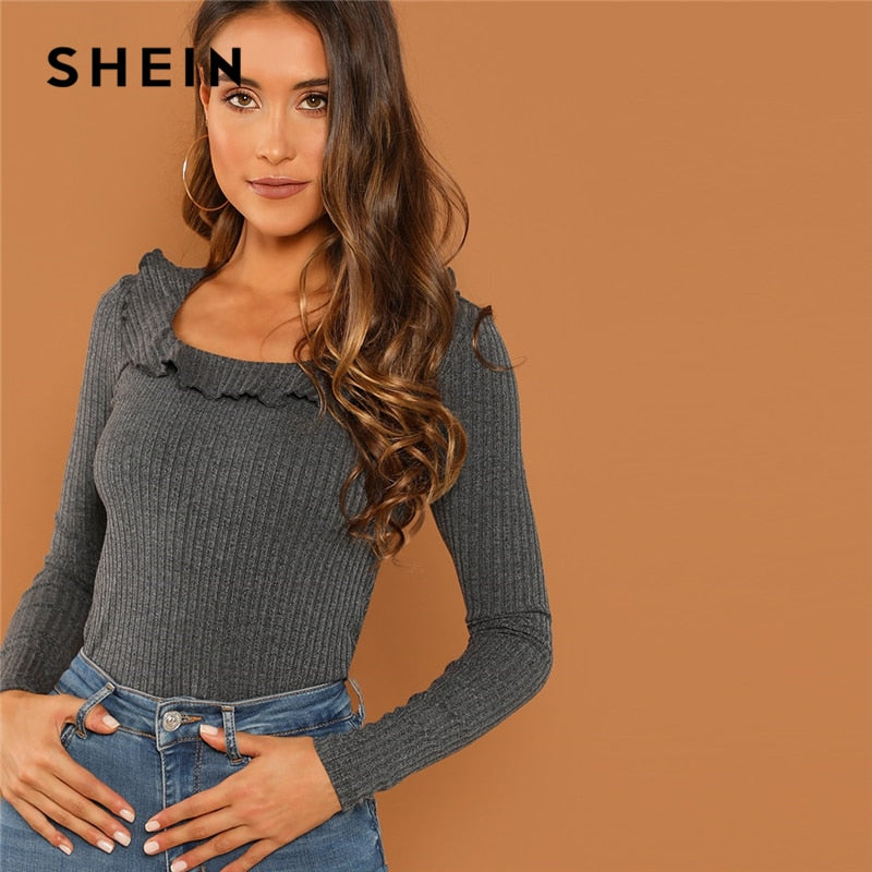 SHEIN Modern Lady Grey Slim Fit Scoop Neck Ruffle Scoop Neck Ribbed Pullovers T-shirt 2018 Autumn Campus Women Tshirt Top