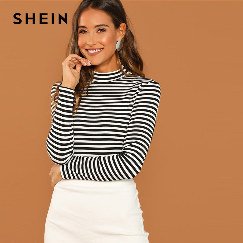 SHEIN Modern Lady Black and White Slim Fit Mock Neck High Neck Striped Rib Knit T-shirt 2018 Autumn Campus Women Tshirt Top