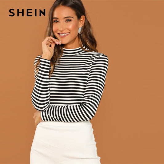 SHEIN Modern Lady Black and White Slim Fit Mock Neck High Neck Striped Rib Knit T-shirt 2018 Autumn Campus Women Tshirt Top