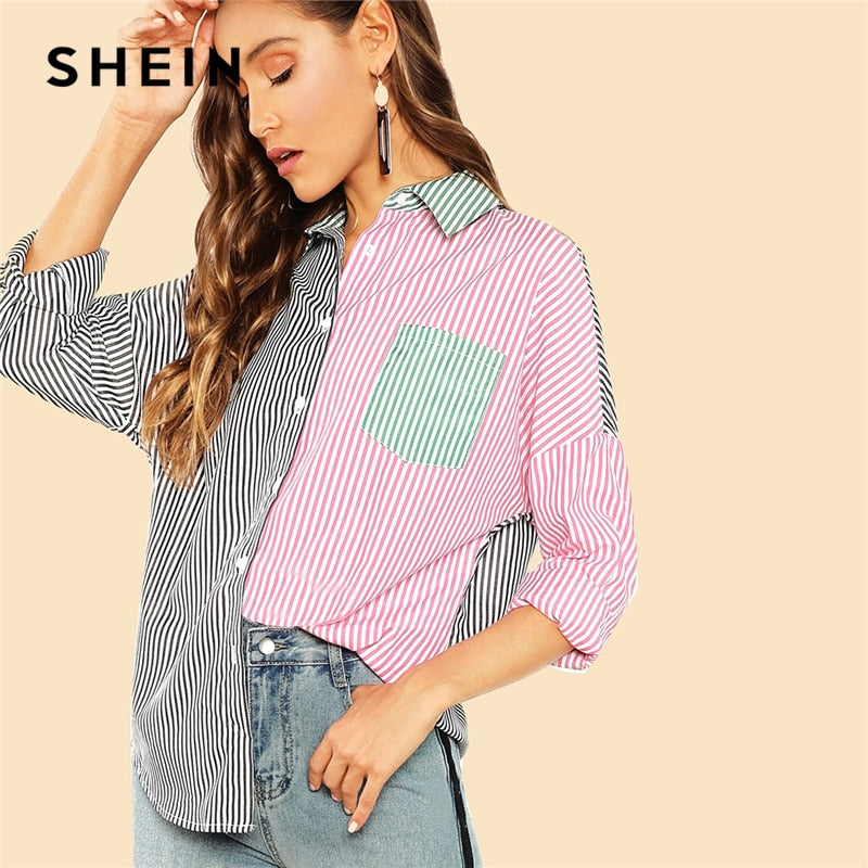 SHEIN Multicolor Casual Highstreet Color Block Pocket Button Front Shirt Autumn Modern Lady Holiday Women Tops And Blouses