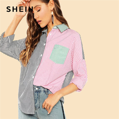 SHEIN Multicolor Casual Highstreet Color Block Pocket Button Front Shirt Autumn Modern Lady Holiday Women Tops And Blouses