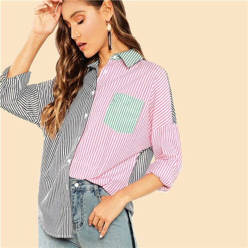 SHEIN Multicolor Casual Highstreet Color Block Pocket Button Front Shirt Autumn Modern Lady Holiday Women Tops And Blouses