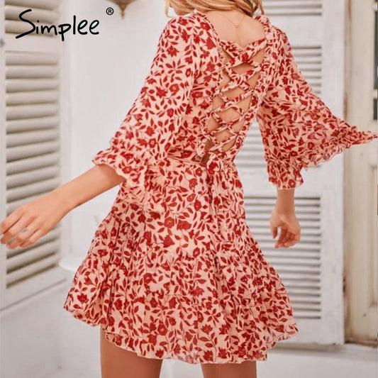 Simplee Vintage boho ruffled mini dress women Flare sleeve lace up summer dress Elegant back criss cross sexy dress vestidos