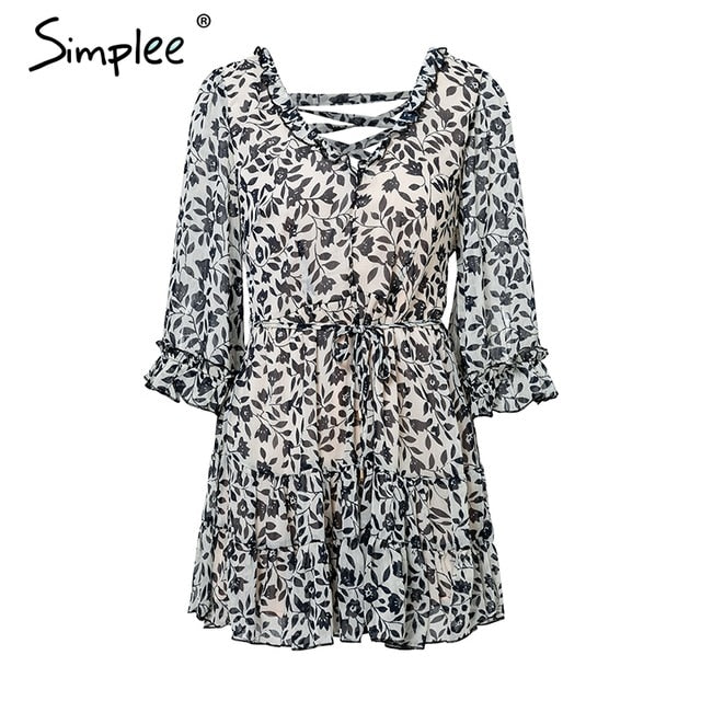 Simplee Vintage boho ruffled mini dress women Flare sleeve lace up summer dress Elegant back criss cross sexy dress vestidos