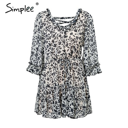 Simplee Vintage boho ruffled mini dress women Flare sleeve lace up summer dress Elegant back criss cross sexy dress vestidos