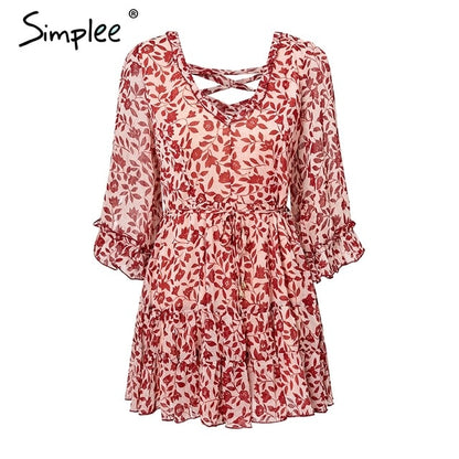 Simplee Vintage boho ruffled mini dress women Flare sleeve lace up summer dress Elegant back criss cross sexy dress vestidos