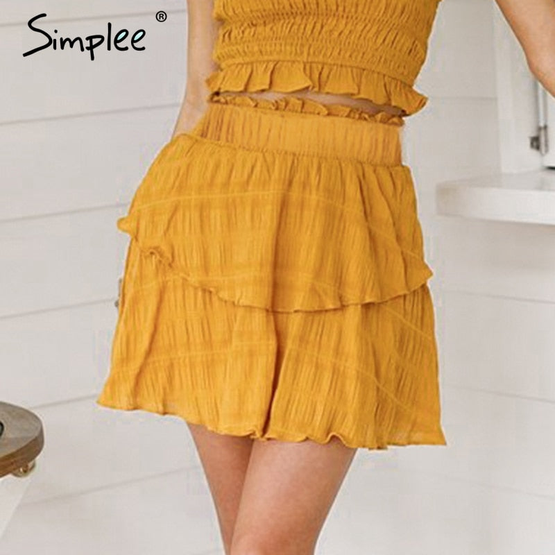 Simplee Elegant A-line mini skirt women High waist summer short ruffle yellow skirts Casual holiday beach solid skirt female