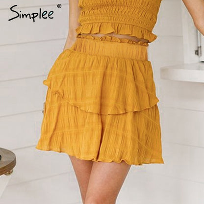 Simplee Elegant A-line mini skirt women High waist summer short ruffle yellow skirts Casual holiday beach solid skirt female