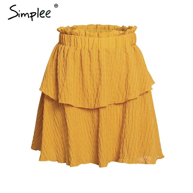 Simplee Elegant A-line mini skirt women High waist summer short ruffle yellow skirts Casual holiday beach solid skirt female