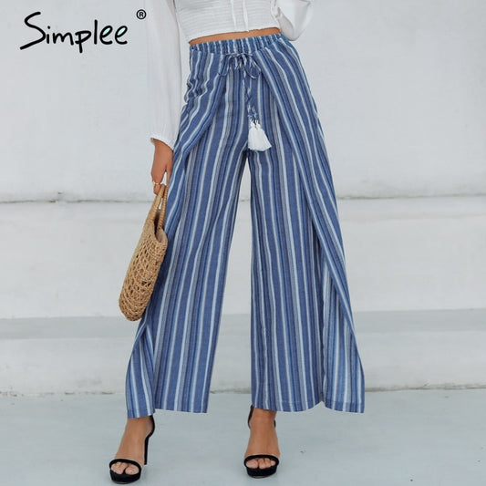 Simplee Casual striped women long pants capris High waist sashes tassel pleated cotton linen pants Boho trousers female 2019