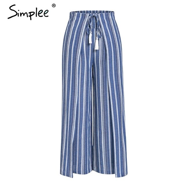 Simplee Casual striped women long pants capris High waist sashes tassel pleated cotton linen pants Boho trousers female 2019