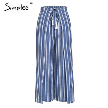 Simplee Casual striped women long pants capris High waist sashes tassel pleated cotton linen pants Boho trousers female 2019