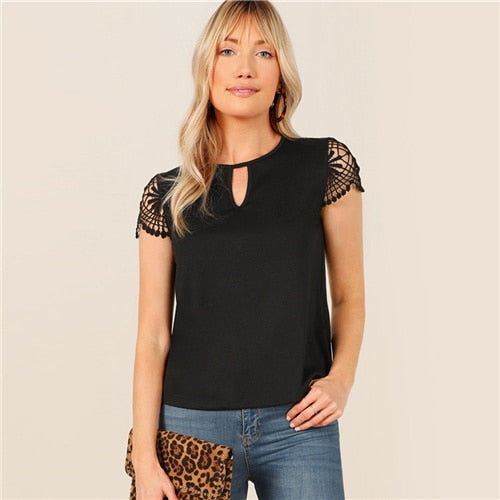 SHEIN Black Keyhole Neck Guipure Lace Cut Out Short Sleeve Top T Shirt Women Summer Round Neck Solid Office Lady Casual T-shirts