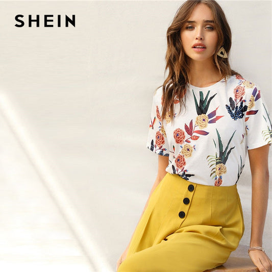 SHEIN Floral And Plants Print Womens Shirts Summer Short Sleeve Casual Basic Streetwear Pullovers White T Shirt Tops