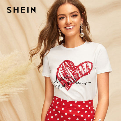 SHEIN Lady Simple Round Neck Graphic Print White T Shirt Summer Casual Minimalist Short Sleeve Letter Women Tshirt Tops
