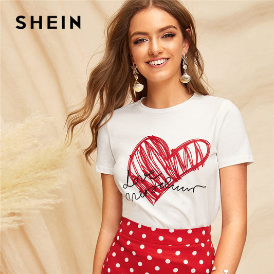 SHEIN Lady Simple Round Neck Graphic Print White T Shirt Summer Casual Minimalist Short Sleeve Letter Women Tshirt Tops