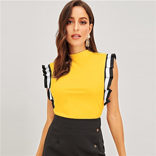 SHEIN Yellow Mock Neck Striped Pleated Ruffle Armhole Top Women Stand Collar Sleeveless T-shirt Ladies Spring Stretchy Tees