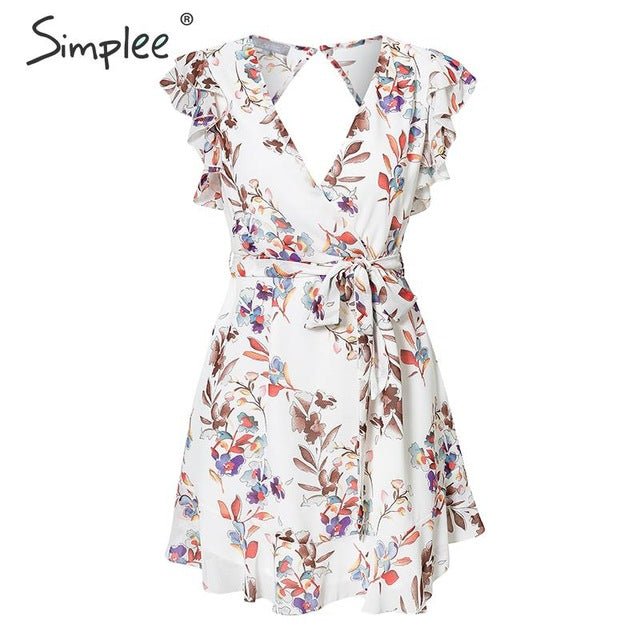 Simplee Sexy deep v-neck women dress Ruffled sleeveless floral print female summer dress Elegant sashes casual ladies mini dress