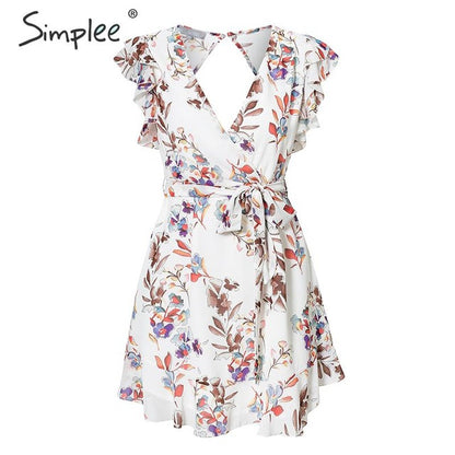 Simplee Sexy deep v-neck women dress Ruffled sleeveless floral print female summer dress Elegant sashes casual ladies mini dress