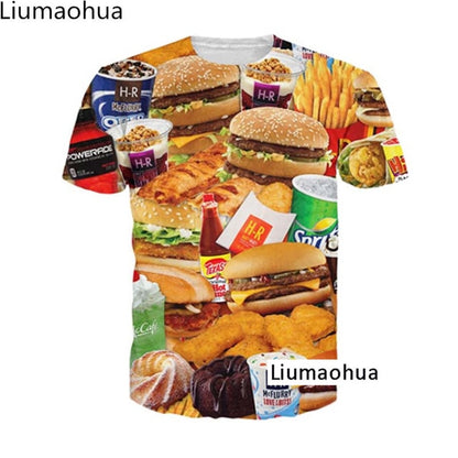 Liumaohua brand Divertente colazione full 3D tshirt stampa hamburger patatine pollo pepite divertenti design estate t-shirt