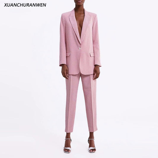 Fashion Slim Plaid Blazer Suits Spring V neck One Button Blazer High Waist Zipper Pants Sets Women Suit Sets XZ2004 2003