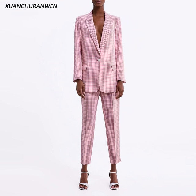 Fashion Slim Plaid Blazer Suits Spring V neck One Button Blazer High Waist Zipper Pants Sets Women Suit Sets XZ2004 2003