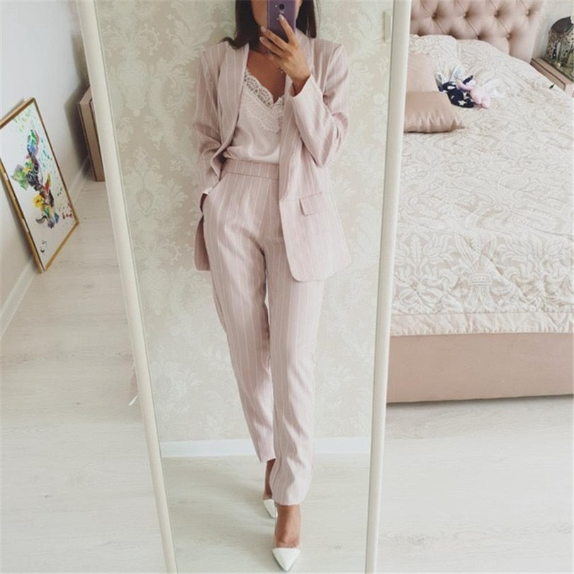 Taotrees Striped Office Lady Suits Work Pant Suit for Women Buttonless Blazer Jacket & Trouser 2 Piece Set