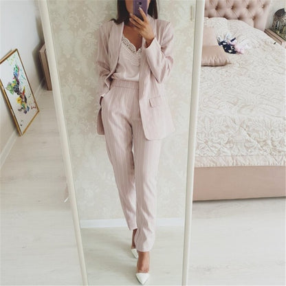 Taotrees Striped Office Lady Suits Work Pant Suit for Women Buttonless Blazer Jacket & Trouser 2 Piece Set