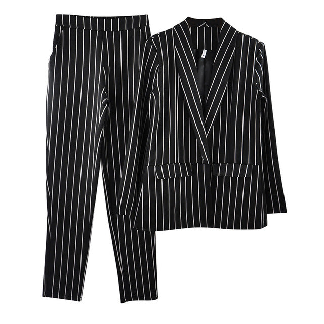 Taotrees Striped Office Lady Suits Work Pant Suit for Women Buttonless Blazer Jacket & Trouser 2 Piece Set