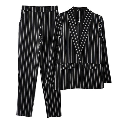 Taotrees Striped Office Lady Suits Work Pant Suit for Women Buttonless Blazer Jacket & Trouser 2 Piece Set