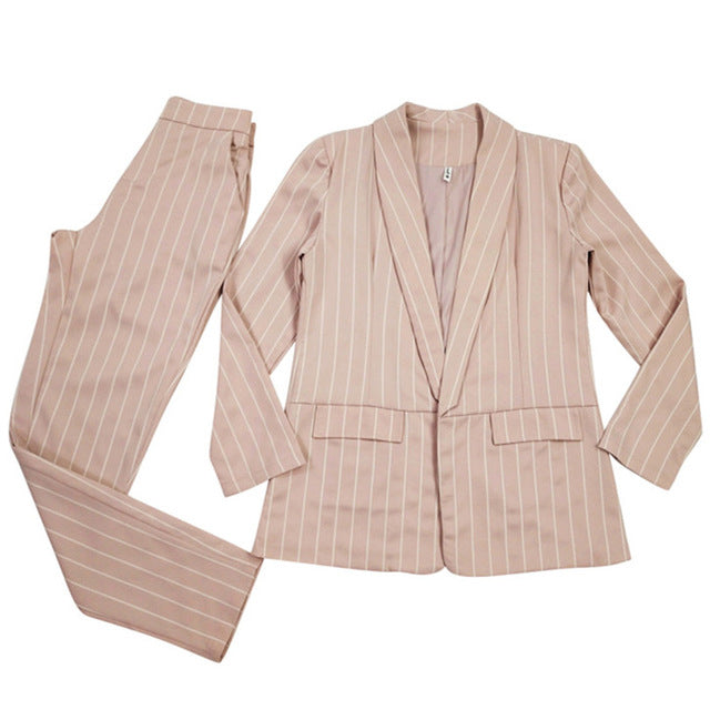 Taotrees Striped Office Lady Suits Work Pant Suit for Women Buttonless Blazer Jacket & Trouser 2 Piece Set