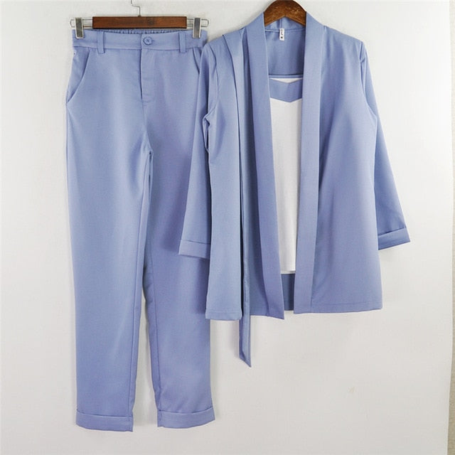 MVGIRLRU Women V Neck 3 Piece Suit Lace Up Waisted Slim Bracelet Sleeve Blazer with Strap Vest & Trouser Set Female Pant Suits