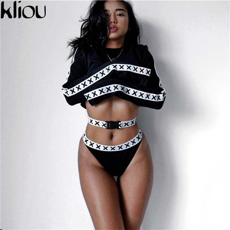 Kliou 2017 print X Women's Sets 3 Pieces Set turtleneck hoodies Top belt and sex triangle three Piece Set Women Clothes