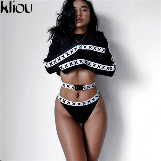 Kliou 2017 print X Women's Sets 3 Pieces Set turtleneck hoodies Top belt and sex triangle three Piece Set Women Clothes